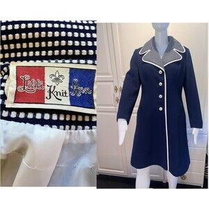 Vintage 60s Lilli Ann Knitwear Navy Blue White Mod A-Line Coat Jacket Size M L